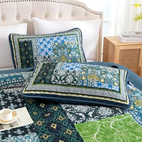 WONGS BEDDING Boho Quilt Queen, 3 Pieces Teal Patchwork Quilt Soft Coverlet Reversible Lightweight Farmhouse Quilts with 2 Pillow Shams for All Seasons (96"x90") - Image 7