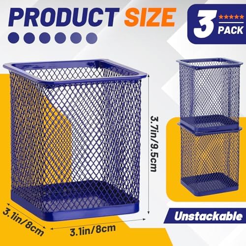 Segarty Pen Holder for Desk, 3 Pack Square Dark Blue Pen Cup Holder, Wire Mesh Pencil Container Set Desktop Organizer for Office Supplies, School, Home Table Accessories, Makeup Brush - Image 2