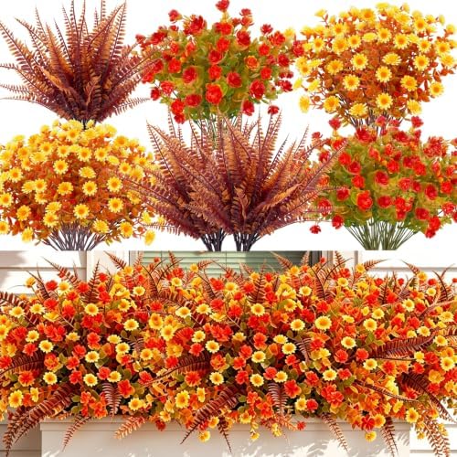 Artificial Fall Flowers for Outdoors Fake Mums, 3 Styles Mixed, 12 Bundles by TURNMEON