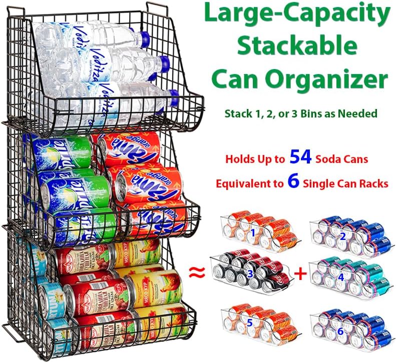 Stacking Can Dispensers 3 Tier with 3 Divider, Large Pantry Can Organizer, Beverage Drink Pop Soda Can Storage Basket, Can Holders for Pantry, Canned Food Rack Wire Bins for Kitchen Cabinet (3-Pack) - Image 2